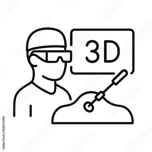 Line icon illustrating 3D laparoscopy surgery with a surgeon wearing 3D glasses, highlighting enhanced depth perception during minimally invasive procedures.