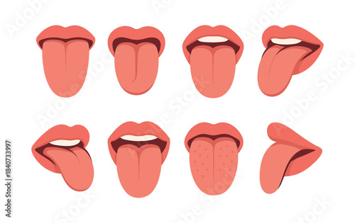 Tongue expressions, tongues, faces, mouth, flat vector illustration