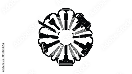 Makeup brushes arranged in circular pattern on white background, beauty and cosmetics concept, professional makeup tools, skincare and makeup routine, modern illustration