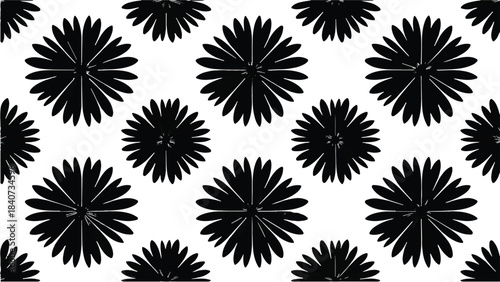 Black floral pattern seamless background with spiky flower shapes on white, modern abstract design for textile, wallpaper, or digital use