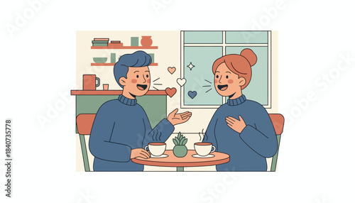 Two friends exchanging heartfelt compliments in a cozy café showcasing words of affirmation in their joyful expressions.