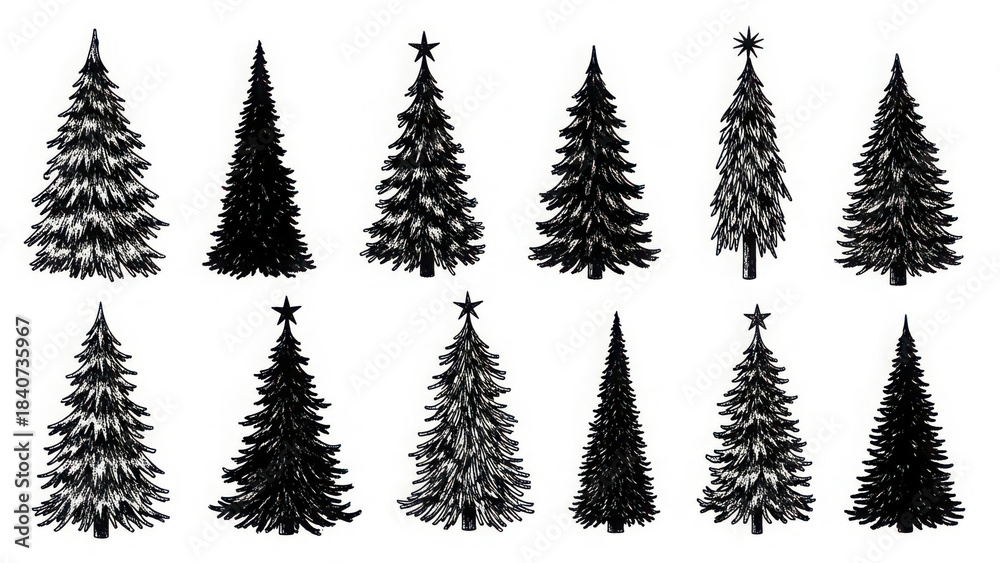 Fototapeta premium Set of Various Stylized Black and White Christmas Trees