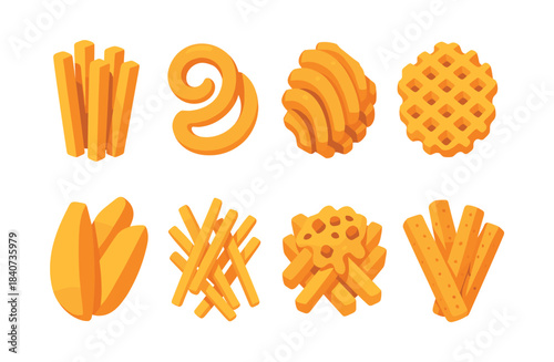 Fried snack collection, fries, swirls, lattice shapes, flat vector illustration