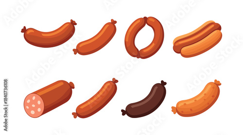 Sausage variety collection, flat vector illustration of wurst, frankfurters, and hot dogs