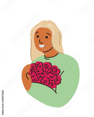 Blond woman holding a bouquet of flowers, a gift. Happy Women's day, Mother's day spring holiday hand drawn vector illustration. Simple trendy style, International women day.
