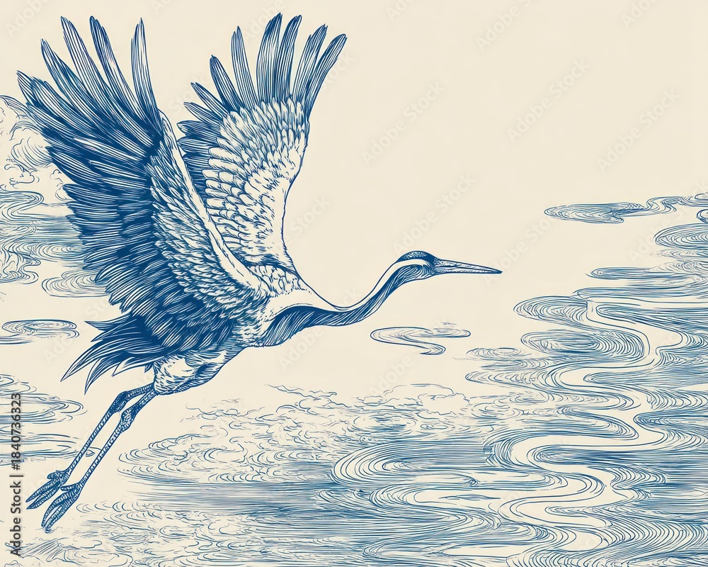 Fototapeta premium Elegant crane in flight over water artistic illustration and design