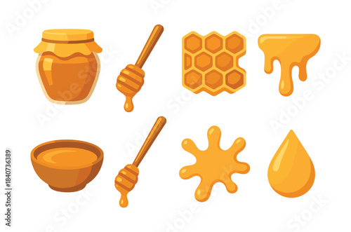 Honey elements, flat vector illustration, honeycomb, dripping, beekeeper tools