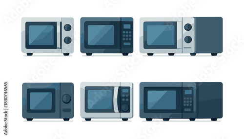 Microwave oven collection, appliances and kitchen tools, flat vector illustration