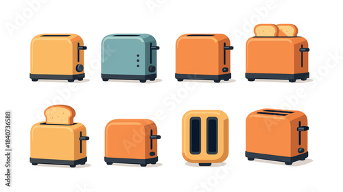 Toaster designs collection, kitchen appliances, breakfast icons, flat vector illustration