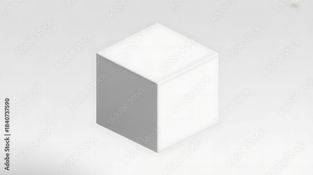 Fototapeta premium Minimalist white three dimensional cube object casting subtle shadows on a clean bright light gray background