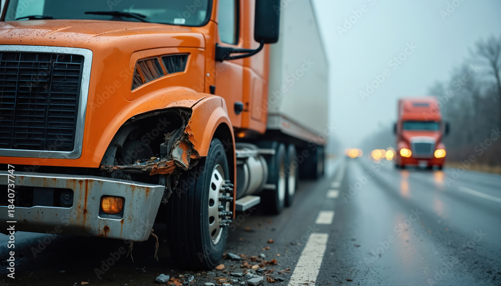 Fototapeta premium Damaged orange semi truck sits on wet highway shoulder after collision. Other trucks pass by the accident scene. Debris litters the road surface. Fog obscures distant traffic lights.