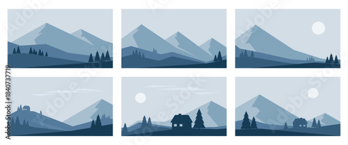 Set of minimalistic winter landscapes in blue colors. Mountains, fir trees and hills vector illustrations