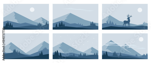 Set of minimalistic winter landscapes in blue colors. Mountains vector illustrations