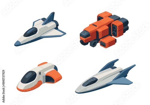 Futuristic spaceship collection, rockets and shuttles, flat vector illustration