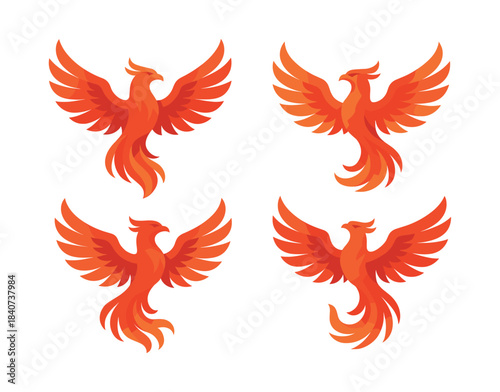 Phoenix bird collection, fiery wings, mystical creature, flat vector illustration