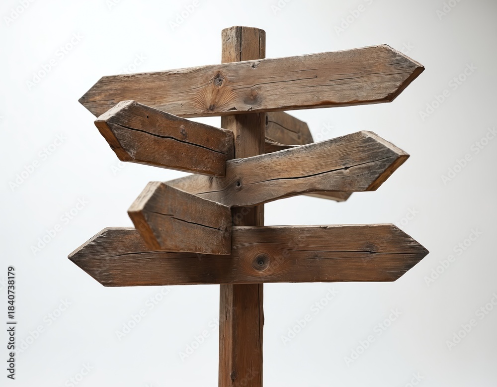 Fototapeta premium Wooden signpost with multiple arrow signs pointing different ways. Indicates choice, direction, and path. Symbolizes decision making and future journeys.