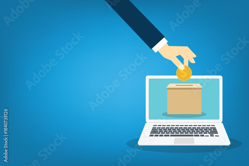 Online donation concept. Human hand putting coin in a donation box. Vector illustration. 	