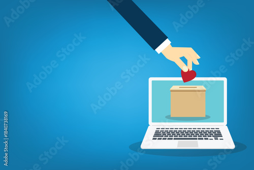Human hand putting red heart in box. Donation concept. Vector illustration. 	