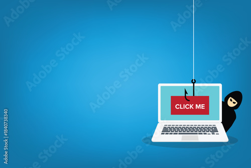 Hacker, scammer trying to steal confidential data with a click me bait, personal information and credit card detail a laptop computer. Vector illustration. 	