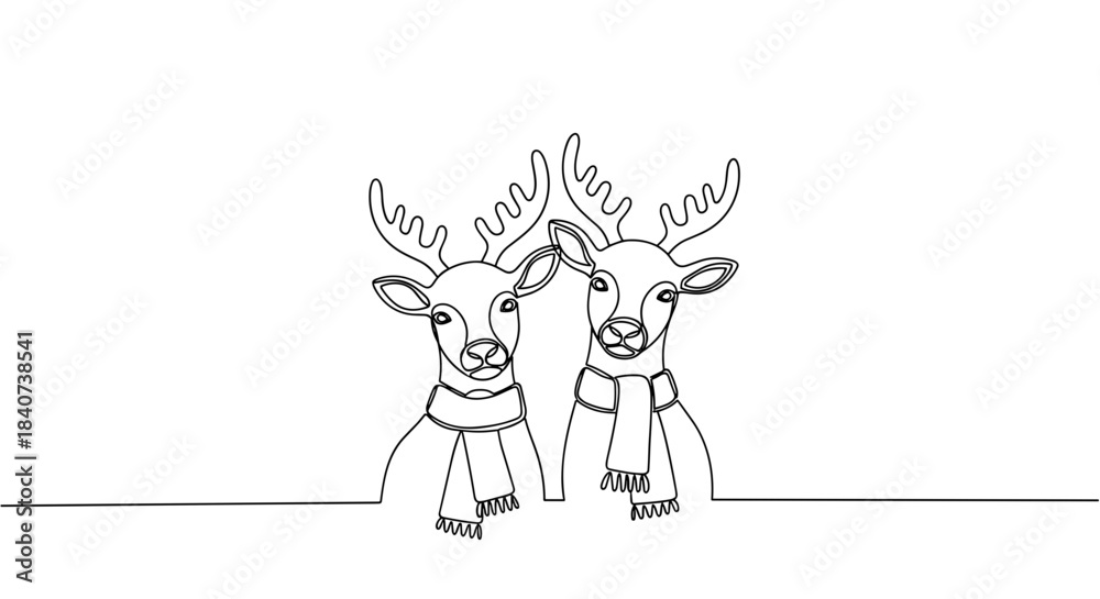 Fototapeta premium Two reindeer wearing scarves in a minimalist winter design 