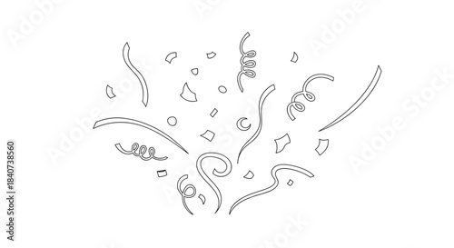 Abstract line art design with swirling shapes and confetti elements  