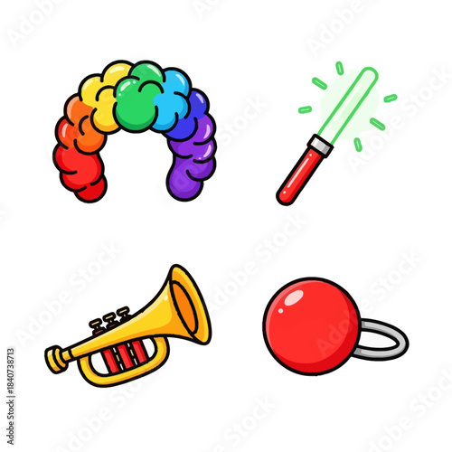 A collection of cartoon-style party and entertainment items including a rainbow clown wig, a glowing light stick, a golden trumpet, and a red clown nose.