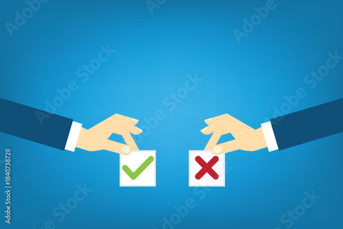 Comparing positive advantages or negative disadvantages. Human hands holding yes and no papers as pros and cons.