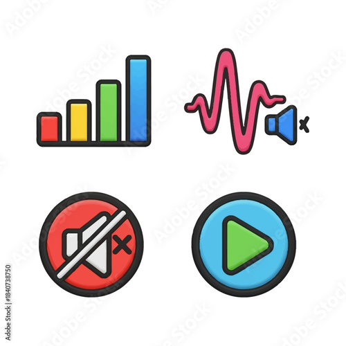 Set of four colorful icons representing sound, signal, mute, and play functions for media and communication.