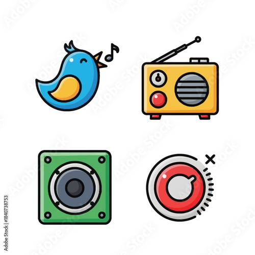 A collection of four colorful icons representing sound, music, radio, and volume control.
