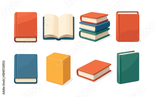 Open and closed book set, flat vector illustration, library, education, literature