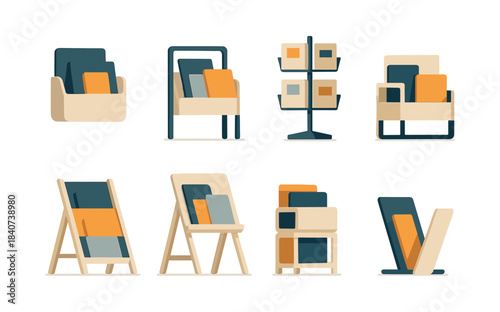 Brochure stand designs, flat vector illustration, pamphlet, leaflet, display rack