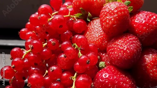 Close up shot of ripe strawberries and red currant in summer sun