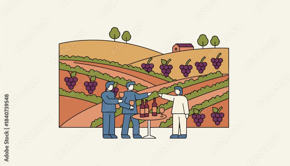 Obraz premium A picturesque vineyard with grapevines stretching across rolling hills where visitors participate in a winetasting event featuring locally produced wines.