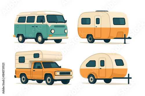Retro camper vans and trailers, flat vector illustration, vintage style design