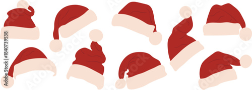 Collection of Santa hats in various styles arranged. Perfect for Christmas themed designs and festive projects