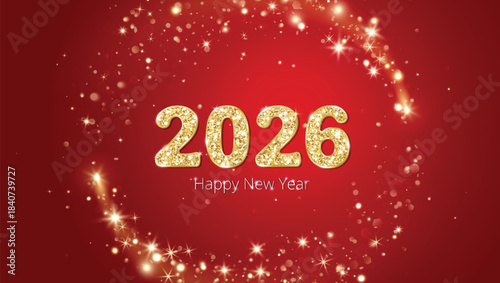 New year 2026 gold digits on red circular glow background for Chinese and Western new year events, ideal for festive posters, web banners and social media promotion.
