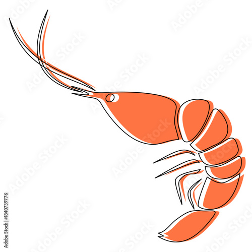 Semi-colored shrimp illustration combining flat fill and outline style. Suitable for modern food graphics, seafood branding, and recipe icons.