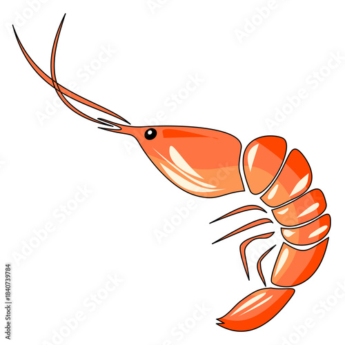Glossy shrimp illustration in warm Mediterranean tones. Ideal for seafood packaging, gourmet menus, coastal cuisine visuals and restaurant branding.