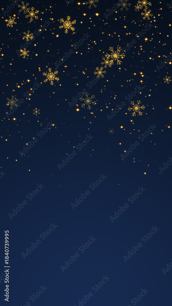 Naklejka premium golden snow flakes and glitter stars dust falling on blue ,snow flakes new year and Christmas vertical social media design element