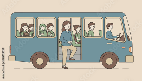 A teacher boarding the bus bringing a calm presence as students settle down after a field trip adventure.