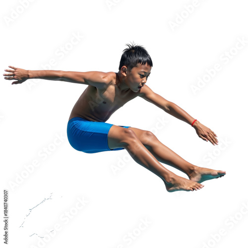 Boy mid-air diving into a pool, isolated on white, a summer activity