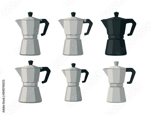 Espresso maker collection, coffee pots, kettles, flat vector illustration