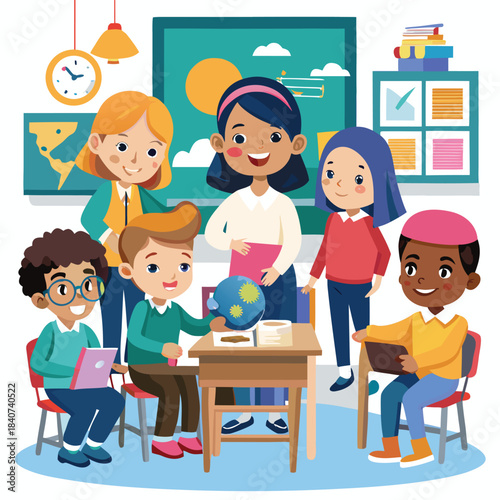 Diverse group of students collaborating in a vibrant classroom setting