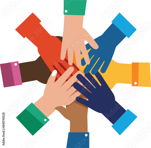 Diverse group of hands clasped together in unity and support