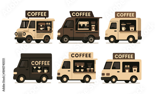 Coffee truck collection, espresso, cafe, flat vector illustration