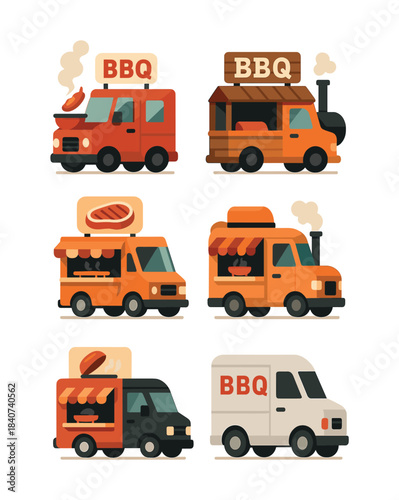 Bbq food trucks and grills, flat vector illustration of barbecue vehicles
