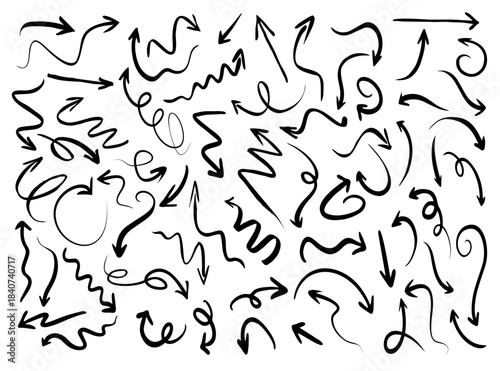 Set of black drawing Arrows. Vector Illustration.