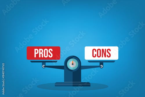 Pros and cons. The words pros and cons balanced on a scale. Comparing positive advantages or negative disadvantages.