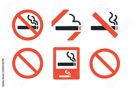 No smoking signs, prohibition symbols in flat vector illustration, tobacco free designs