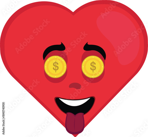 vector illustration emoticon character heart cartoon, with an ambitious expression, coins in his eyes and his tongue sticking out